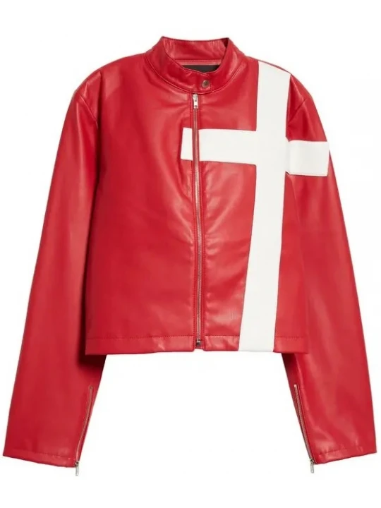 White Cross Red Leather Biker Jacket