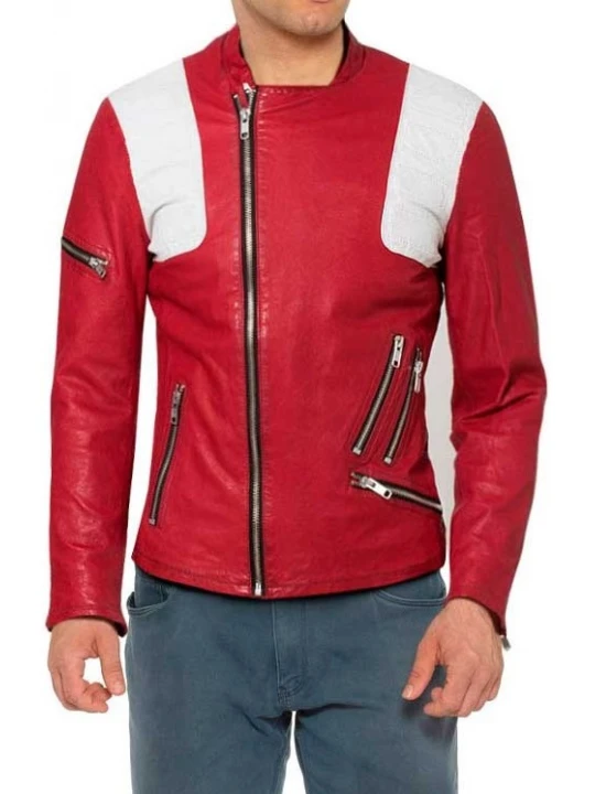 White Panels Red Leather Biker Jacket