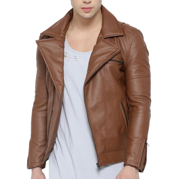 Zipper Cuffs Brown Leather Biker Jacket