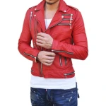 Zipper Detailing Red Leather Biker Jacket