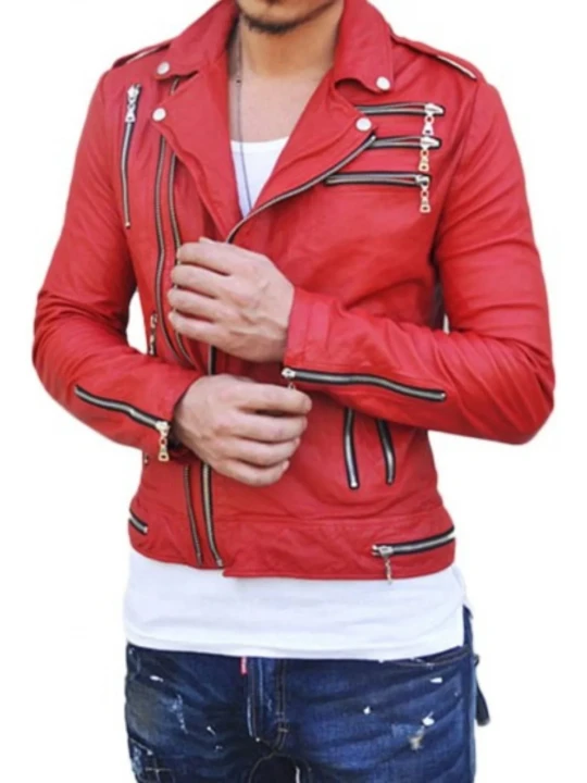 Zipper Detailing Red Leather Biker Jacket