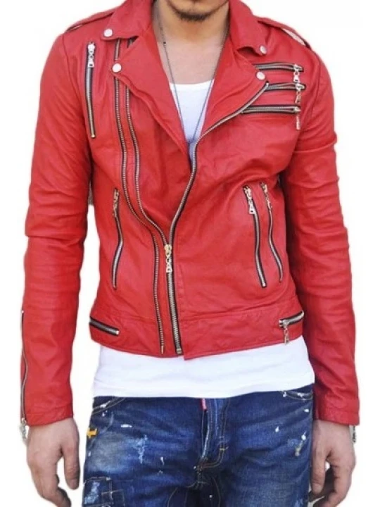 Zipper Detailing Red Leather Biker Jacket