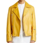 Zipper Detailing Yellow Leather Biker Jacket