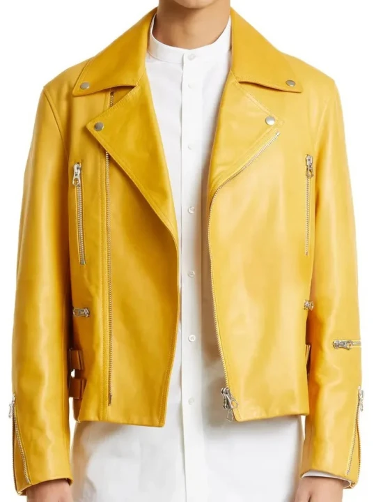 Zipper Detailing Yellow Leather Biker Jacket