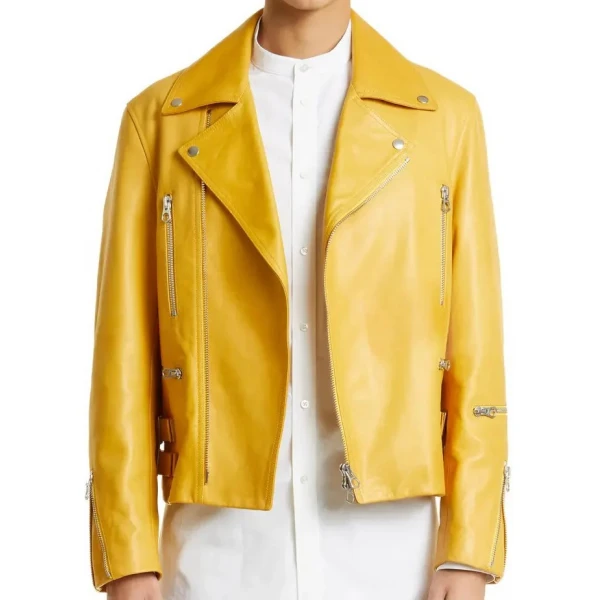 Zipper Detailing Yellow Leather Biker Jacket