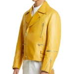 Zipper Detailing Yellow Leather Biker Jacket