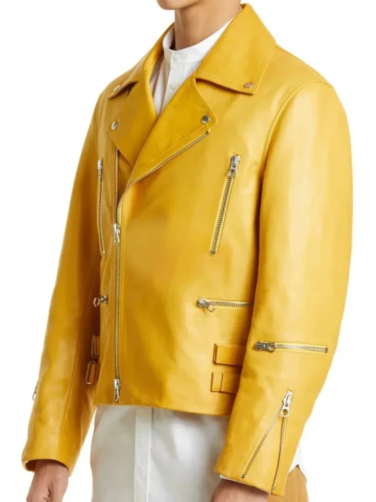 Zipper Detailing Yellow Leather Biker Jacket