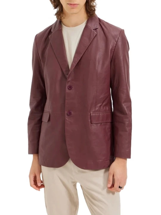 Back Single Slit Burgundy Leather Blazer