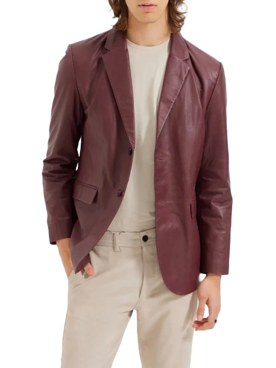 Back Single Slit Burgundy Leather Blazer