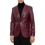 Back Two Slits Burgundy Leather Blazer