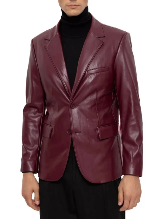 Back Two Slits Burgundy Leather Blazer