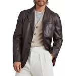Buttoned Cuffs Brown Leather Blazer