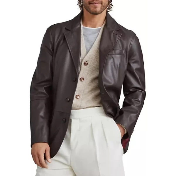 Buttoned Cuffs Brown Leather Blazer