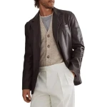 Buttoned Cuffs Brown Leather Blazer