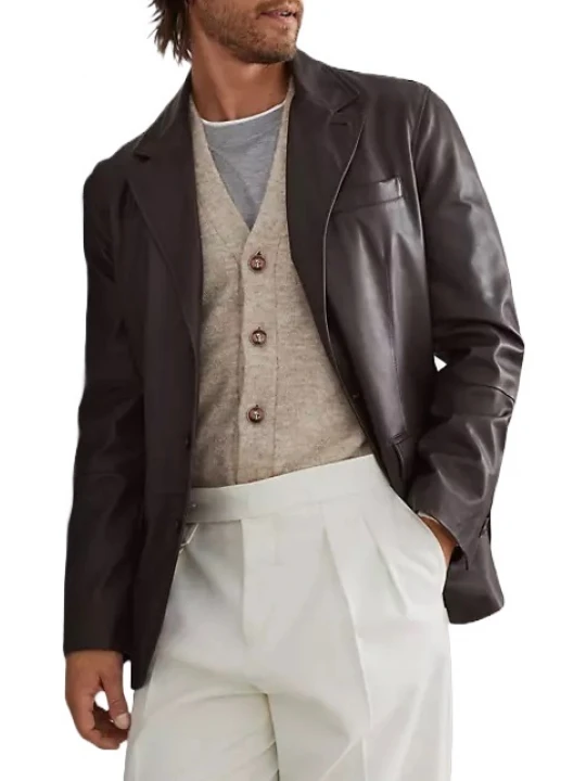 Buttoned Cuffs Brown Leather Blazer