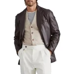 Buttoned Cuffs Brown Leather Blazer