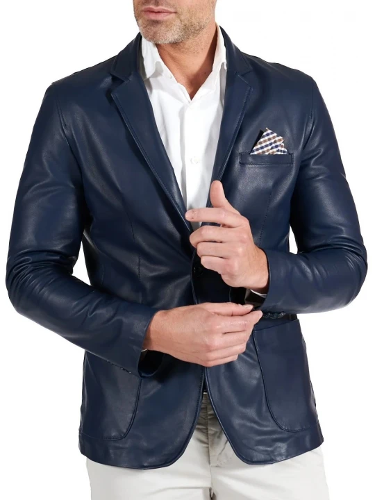 Central Button Closure Navy Blue Leather Blazer