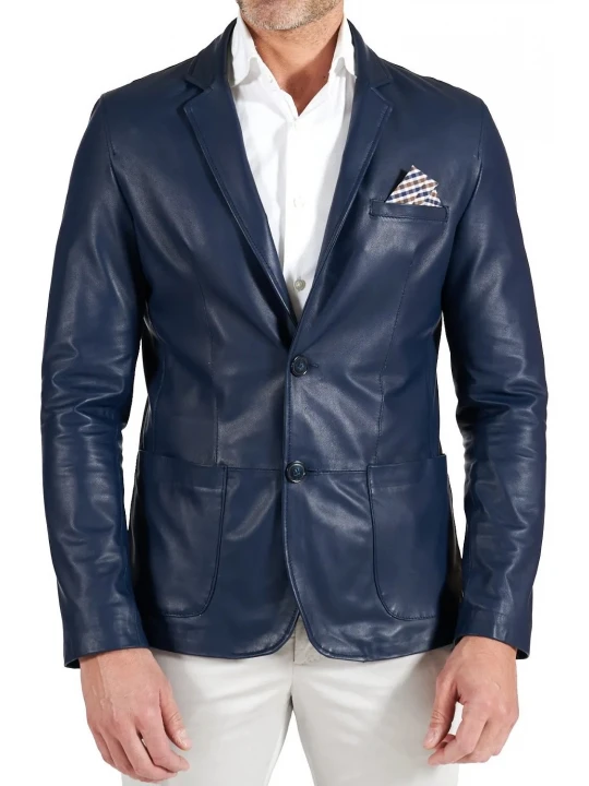 Central Button Closure Navy Blue Leather Blazer