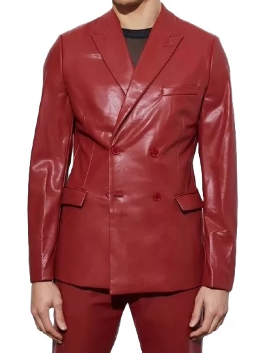 Double Breasted Red Leather Blazer