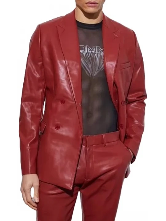 Double Breasted Red Leather Blazer