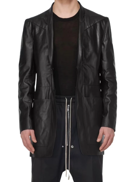 Front Patch Pockets Black Leather Blazer