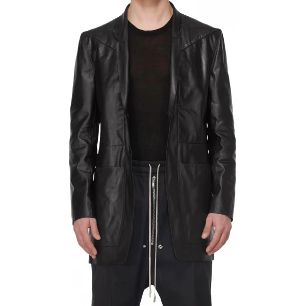 Front Patch Pockets Black Leather Blazer