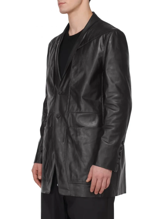 Front Patch Pockets Black Leather Blazer