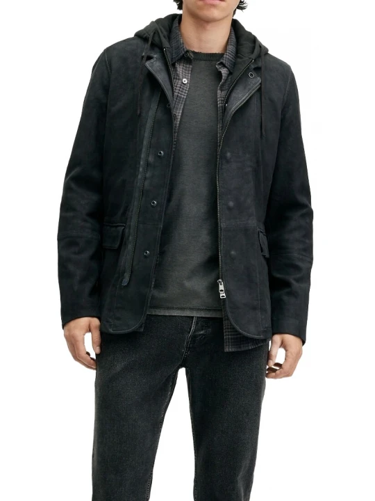 Hooded Black Suede Leather Blazer