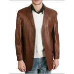Mens Classic Three Buttoned Brown Leather Blazer