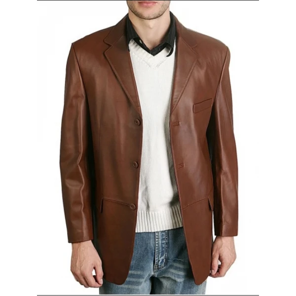 Mens Classic Three Buttoned Brown Leather Blazer