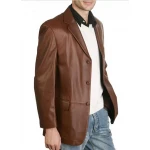 Mens Classic Three Buttoned Brown Leather Blazer