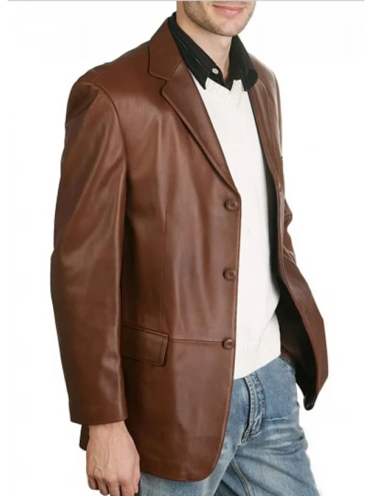 Mens Classic Three Buttoned Brown Leather Blazer