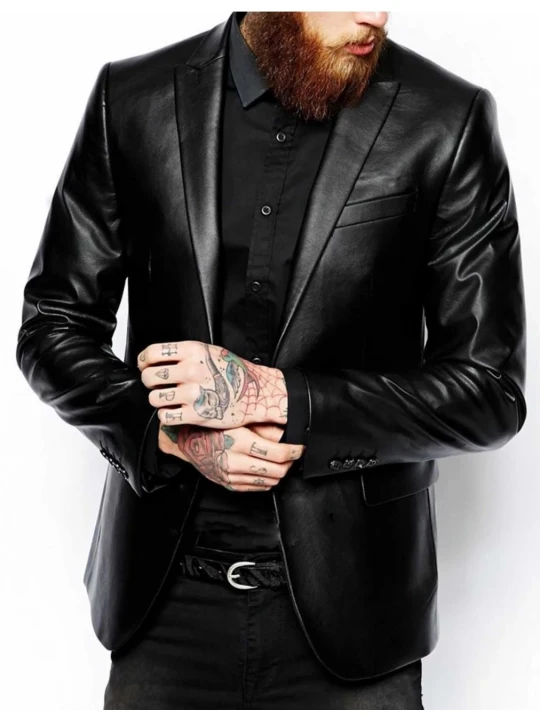 Mens Two Button Pure Lambskin Black Leather Blazer Coat