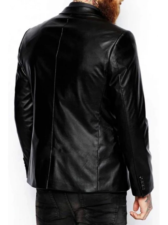Mens Two Button Pure Lambskin Black Leather Blazer Coat