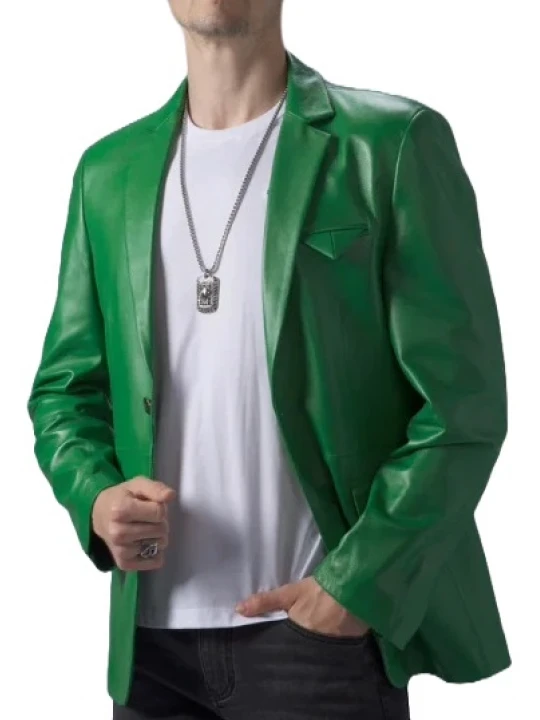 Notch Collar Green Leather Blazer