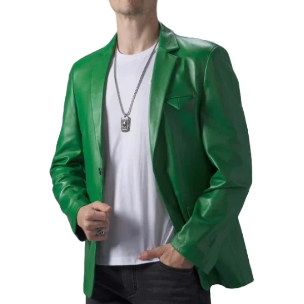 Notch Collar Green Leather Blazer