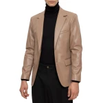 Notched Lapels Beige Leather Blazer