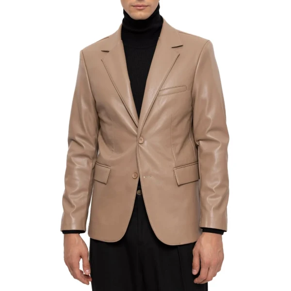 Notched Lapels Beige Leather Blazer