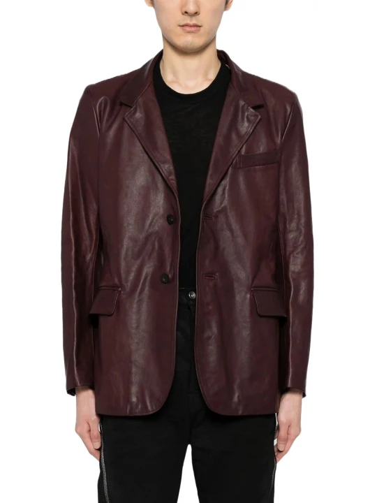 Notched Lapels Burgundy Leather Blazer
