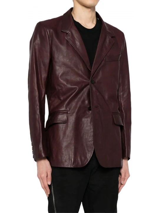 Notched Lapels Burgundy Leather Blazer