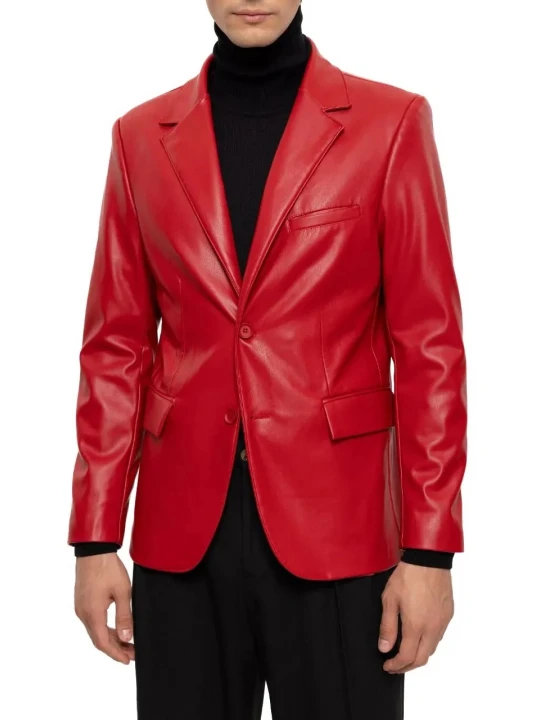Notched Lapels Red Leather Blazer