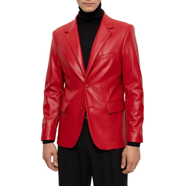 Notched Lapels Red Leather Blazer