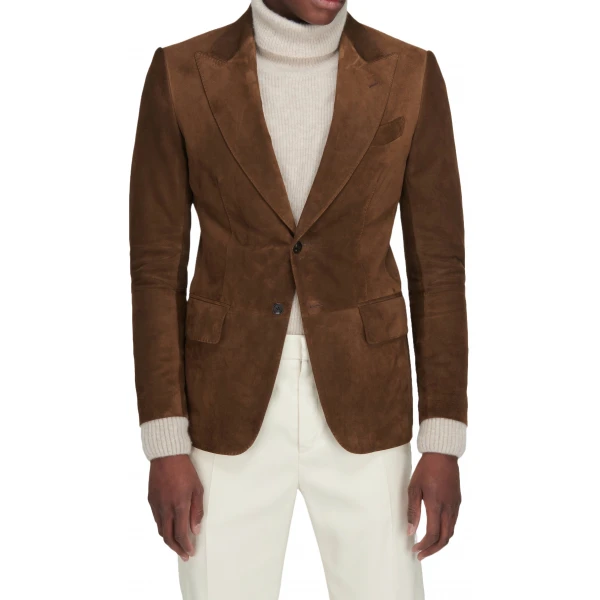 Peak Lapel Brown Suede Leather Blazer