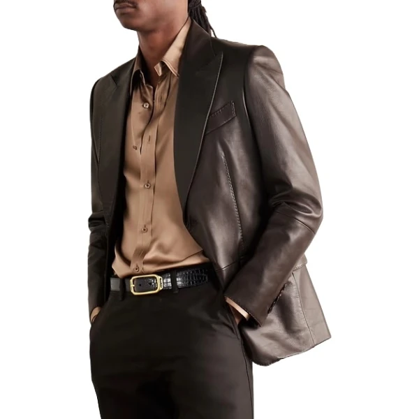 Peak Lapels Brown Leather Blazer