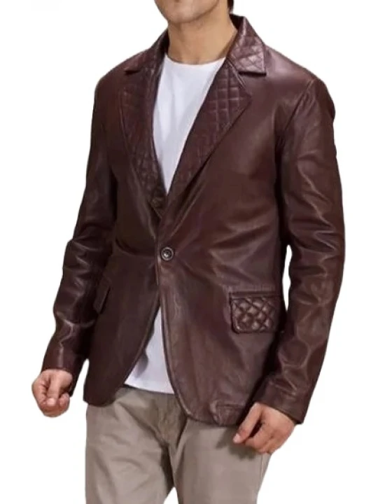 Quilted Lapel Burgundy Leather Blazer