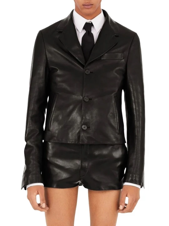 Side Welt Pockets Black Leather Blazer