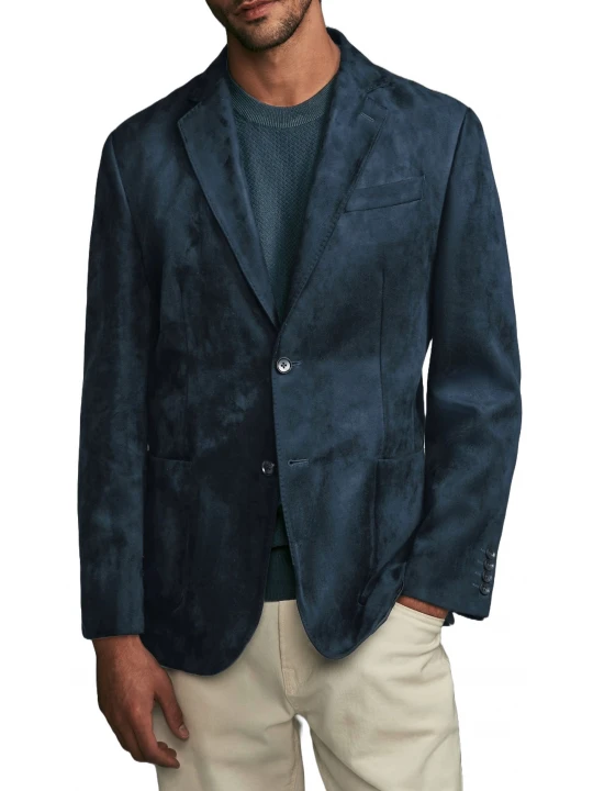 Stitched Trims Navy Blue Suede Leather Blazer