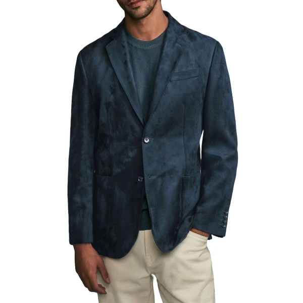 Stitched Trims Navy Blue Suede Leather Blazer