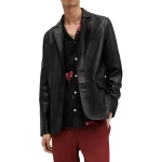 Three Button Black Leather Blazer