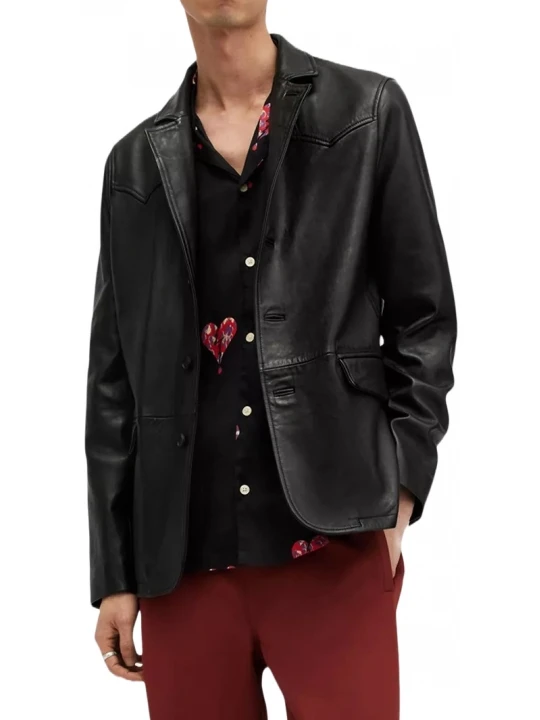 Three Button Black Leather Blazer